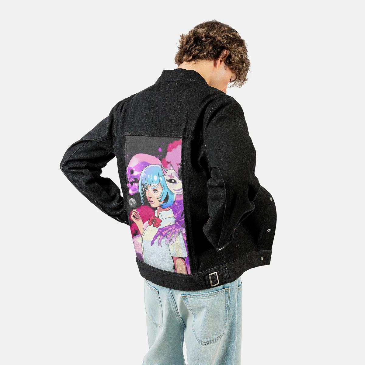 yokaiguardian patch on male og denim jacket in raven