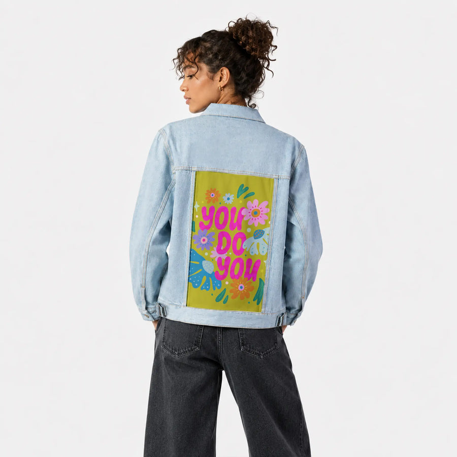 youdoyou patch on female og denim jacket in oceanside
