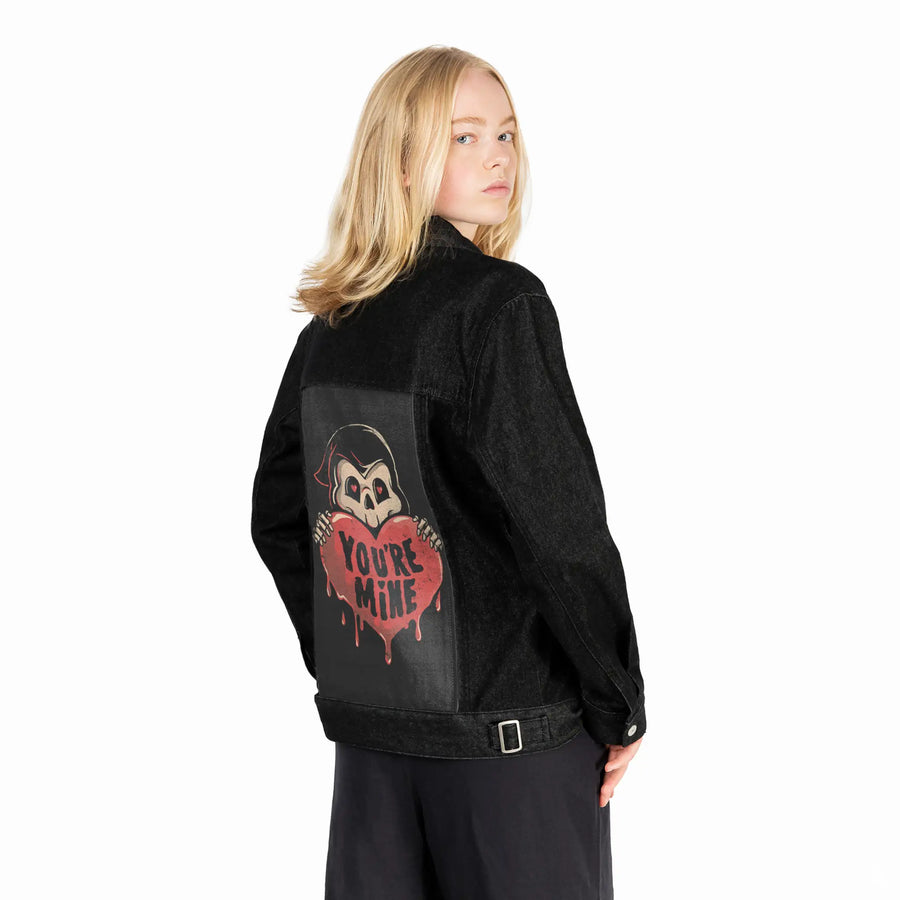 youremine patch on female og denim jacket in raven