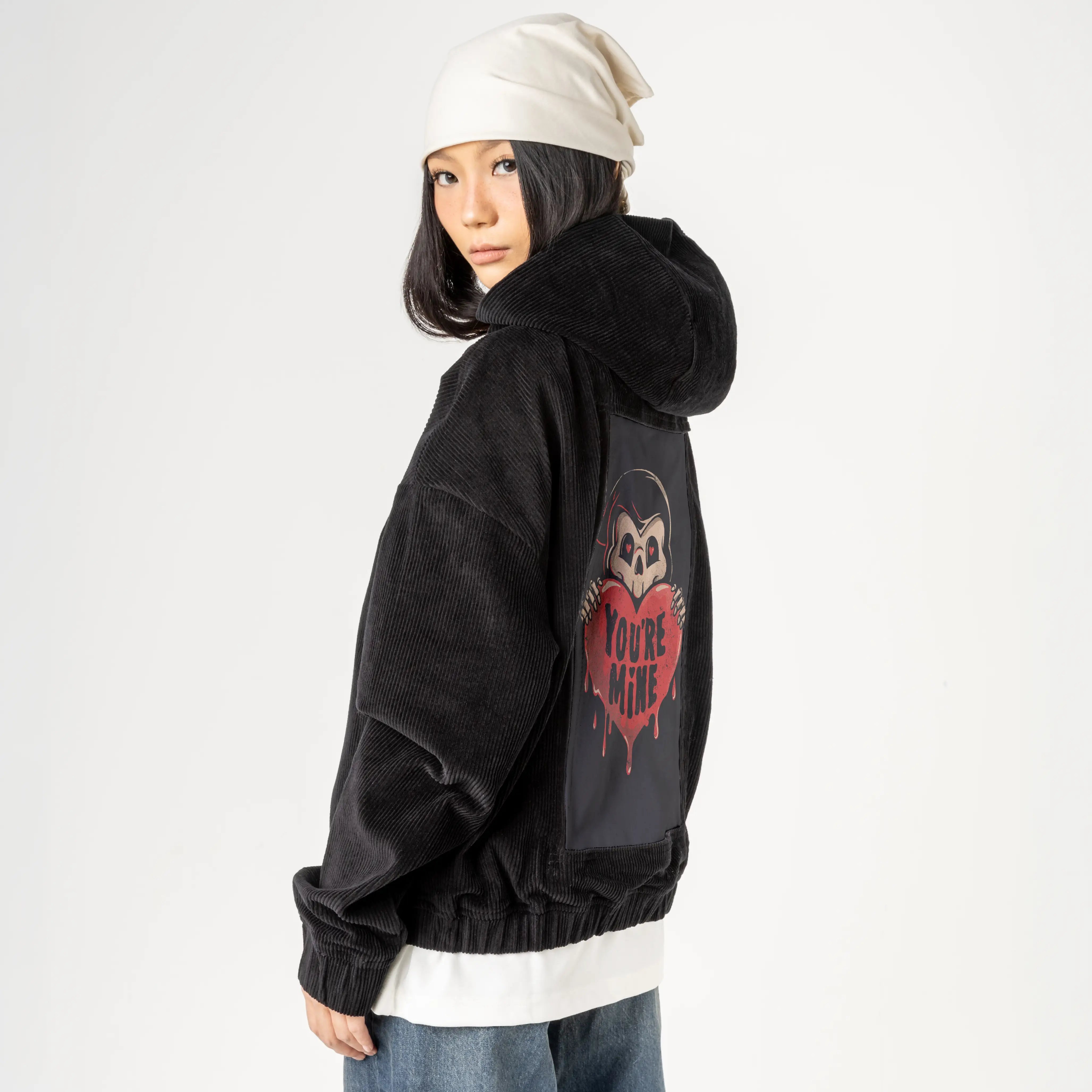 youremine patch on female retro cord hoodie in onyx
