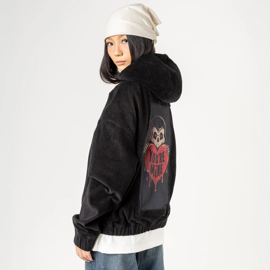 youremine patch on female retro cord hoodie in onyx