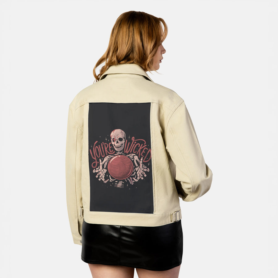 yourewicked patch on female atelier canvas jacket in tan