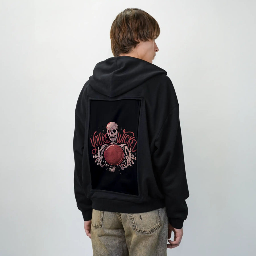 yourewicked patch on male essential zip hoodie in after hours