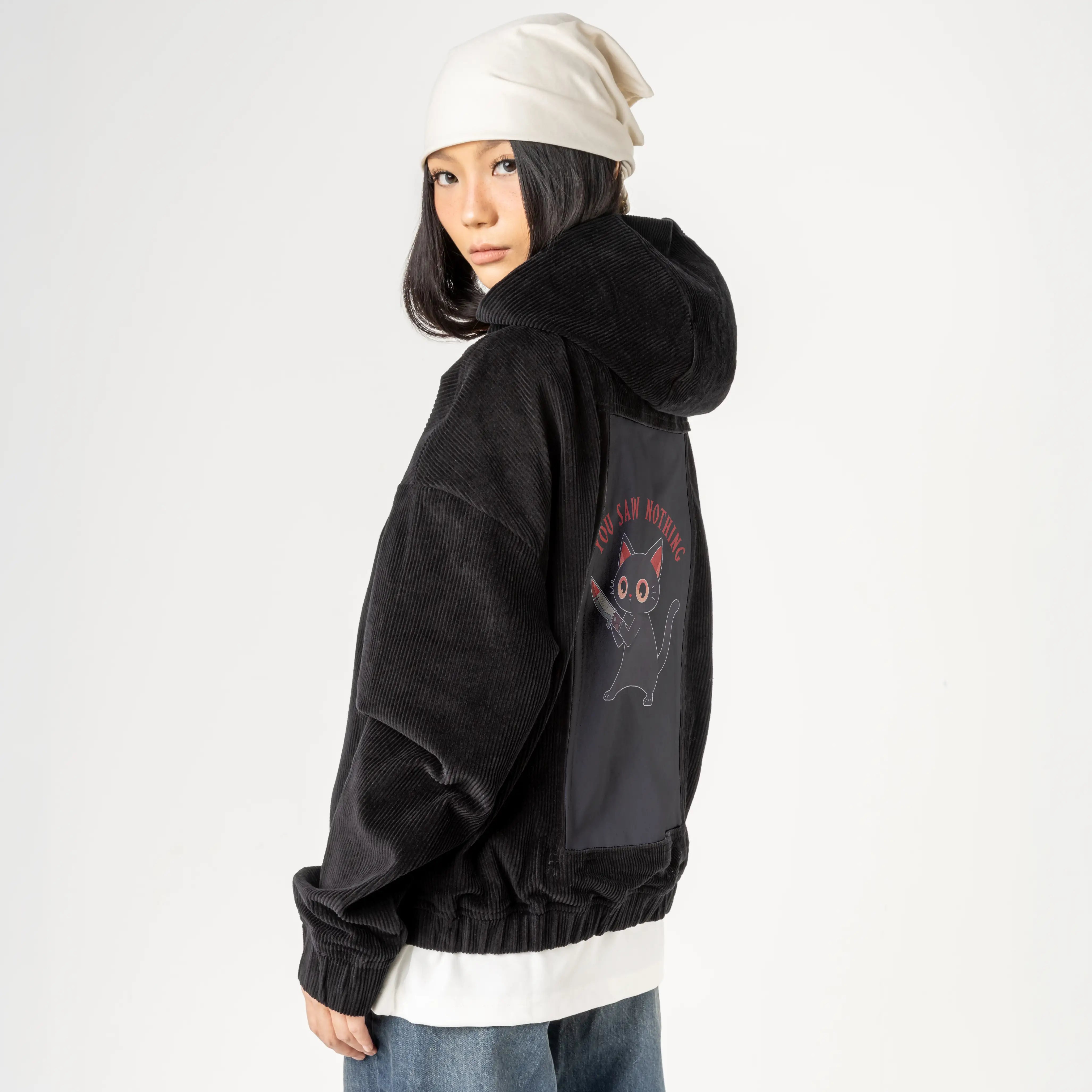 yousawnothing patch on female retro cord hoodie in onyx