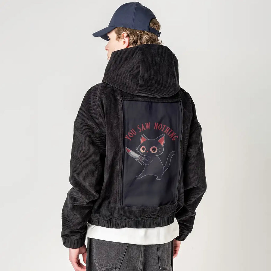 yousawnothing patch on male retro cord hoodie in onyx