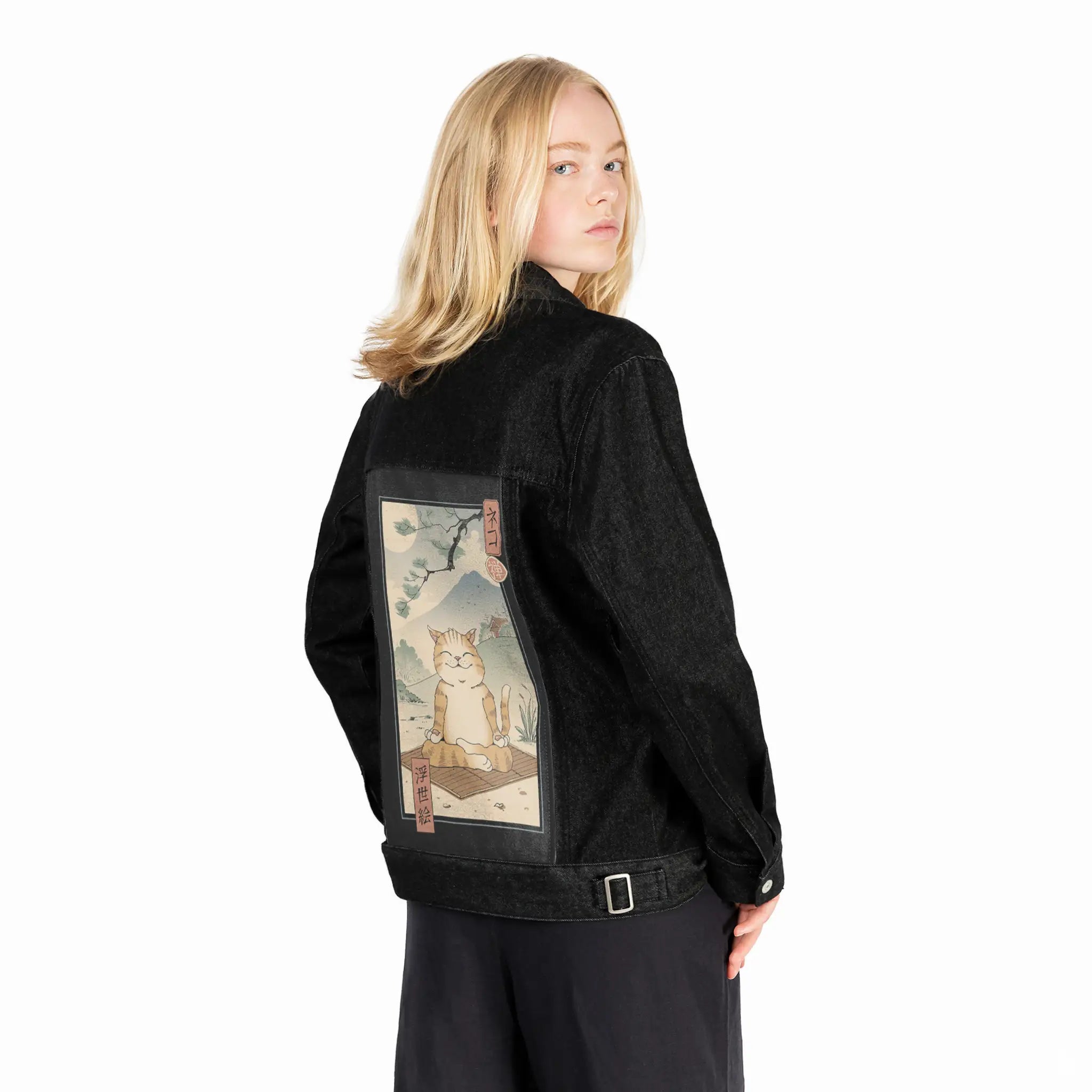 zenneko patch on female og denim jacket in raven