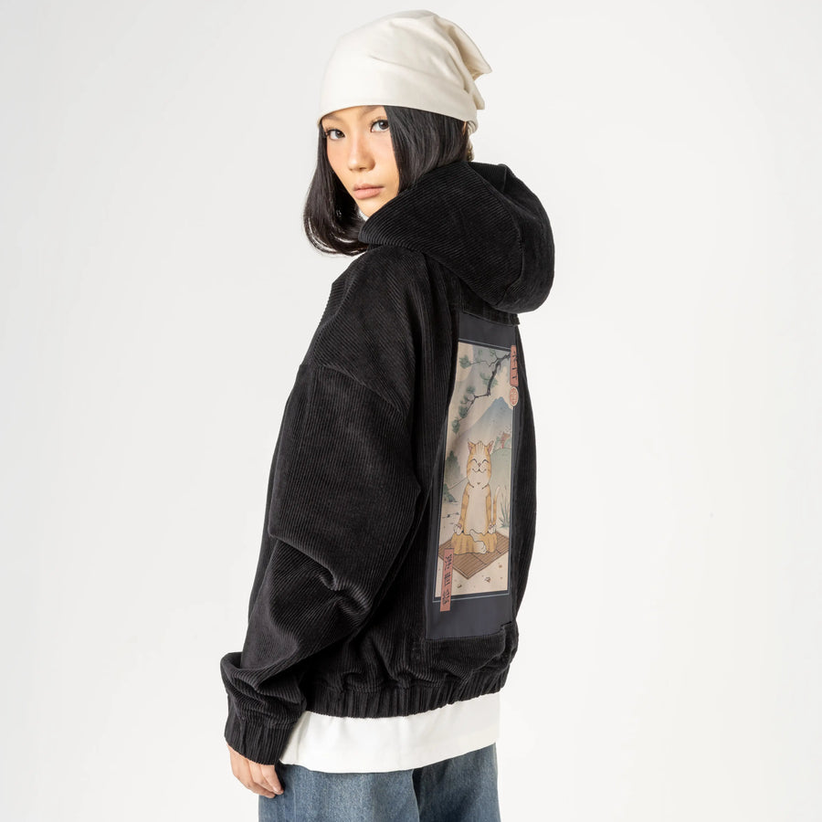 zenneko patch on female retro cord hoodie in onyx