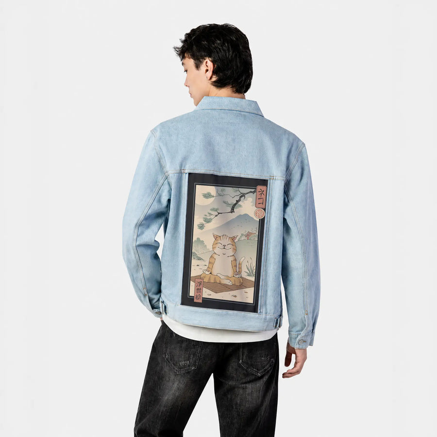 zenneko patch on male og denim jacket in oceanside