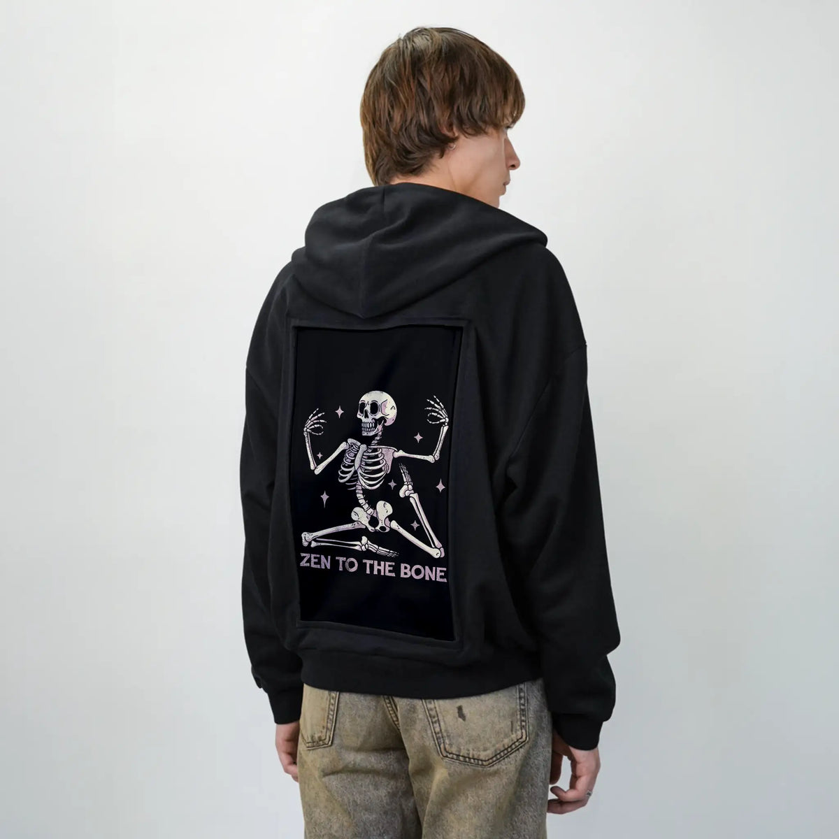 zentothebone patch on male essential zip hoodie in after hours