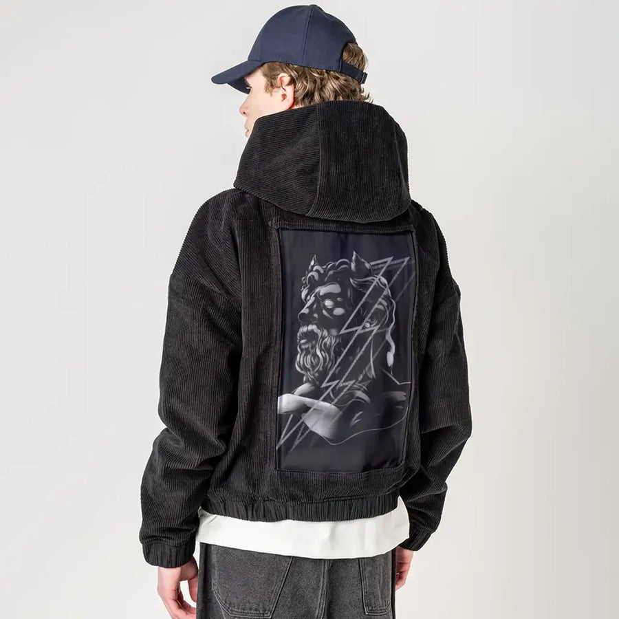 zeus patch on male retro cord hoodie in onyx