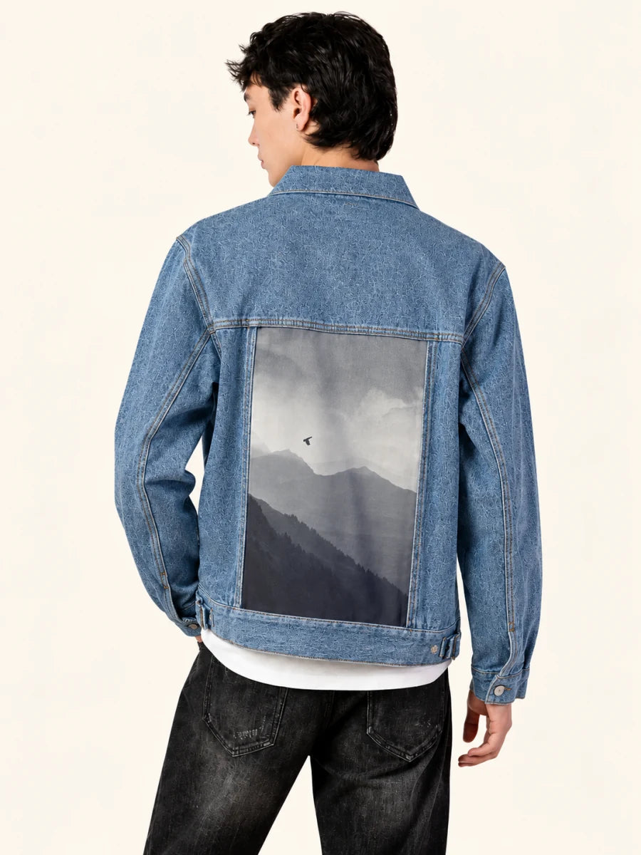 Blu Stone Denim Jacket with Morning Flight art panel