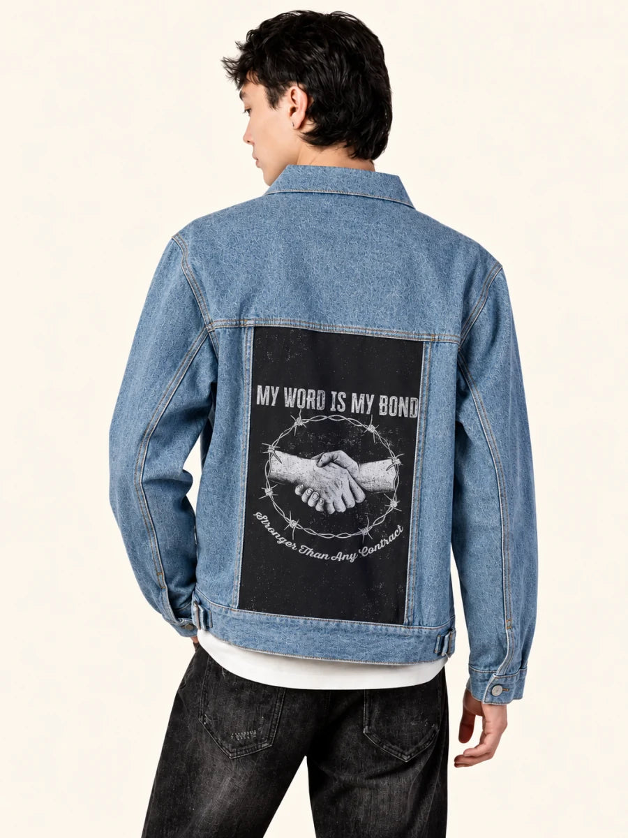 Blu Stone Denim Jacket with My Word Is My Bond art panel