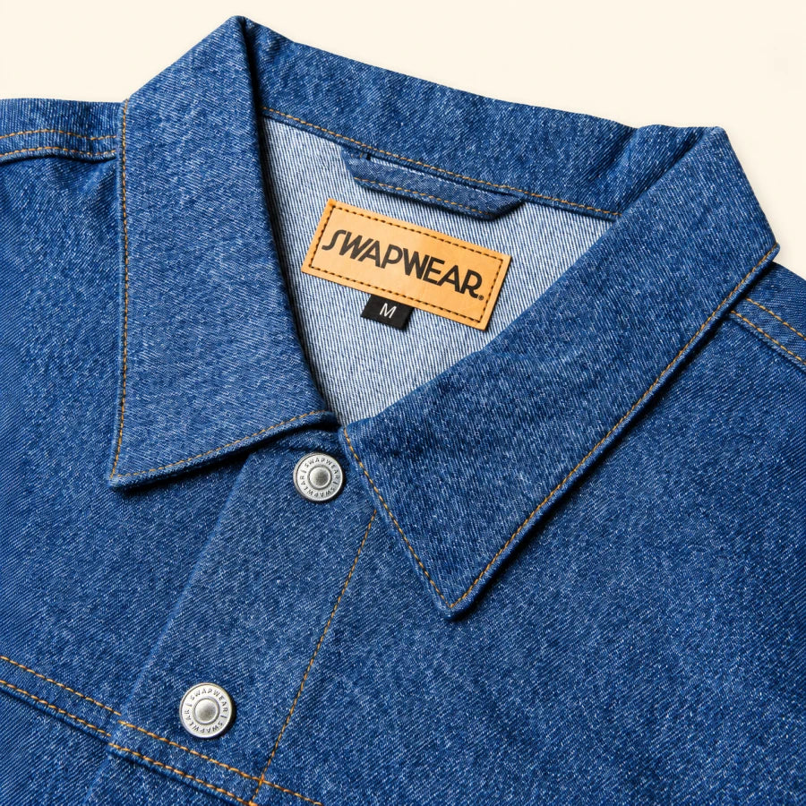 Cobalt Denim Jacket: denim, collar and snap detail