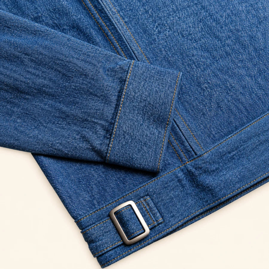 Cobalt Denim Jacket: silver waist adjuster and cuff detail