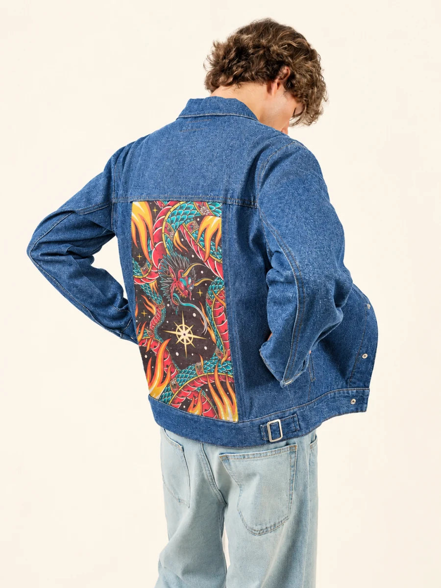 Cobalt Denim Jacket with Astral Demon Snake art panel
