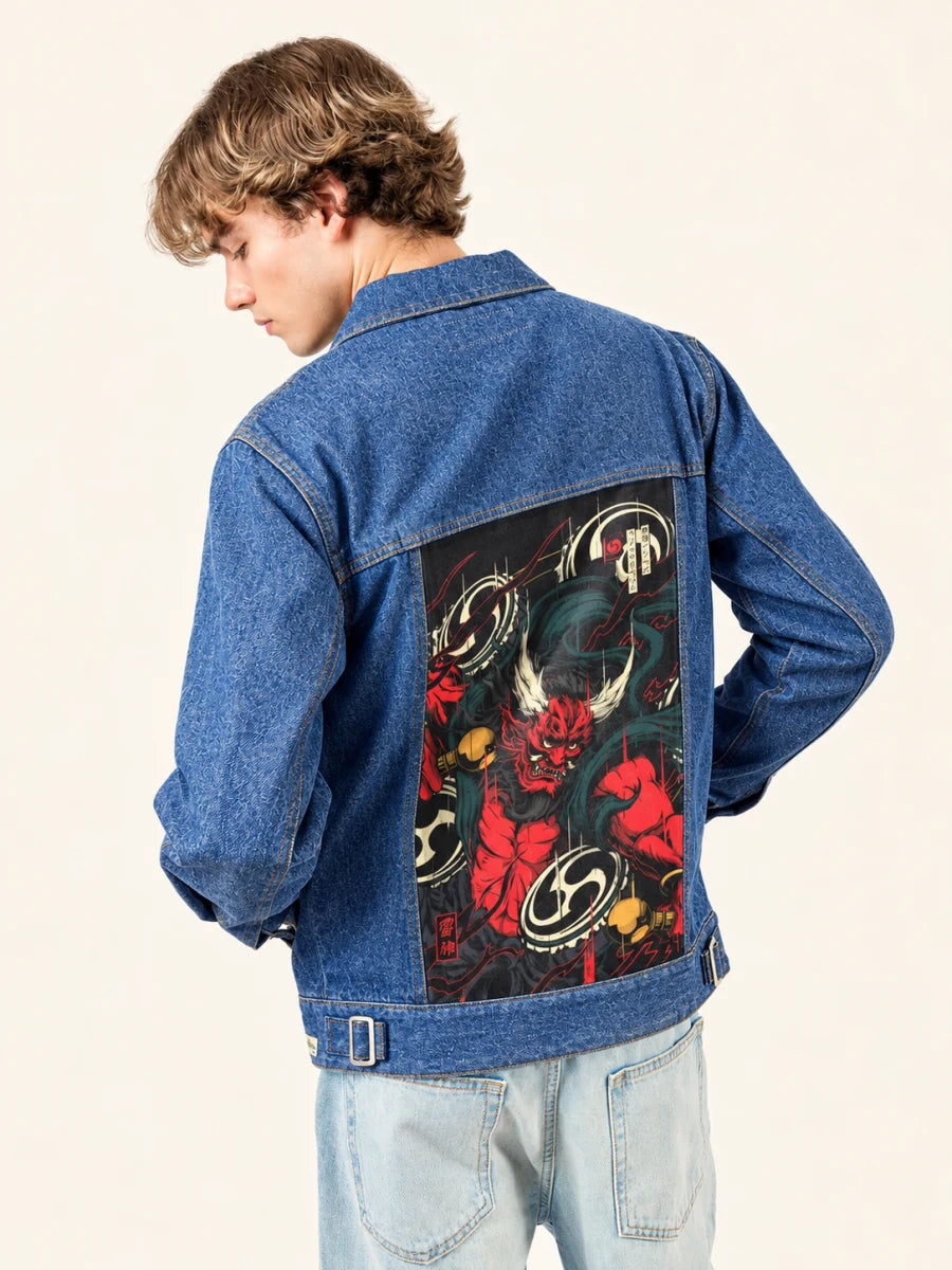Cobalt Denim Jacket with Raijin art panel