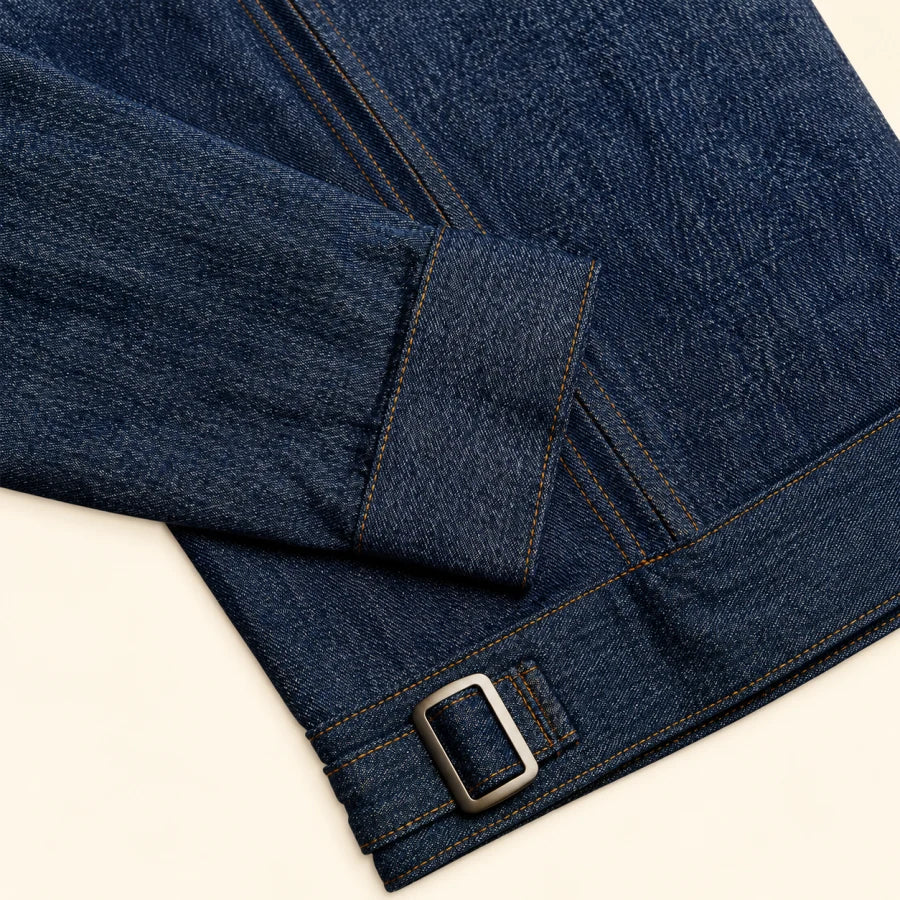 Indigo Denim Jacket: silver waist adjuster and cuff detail