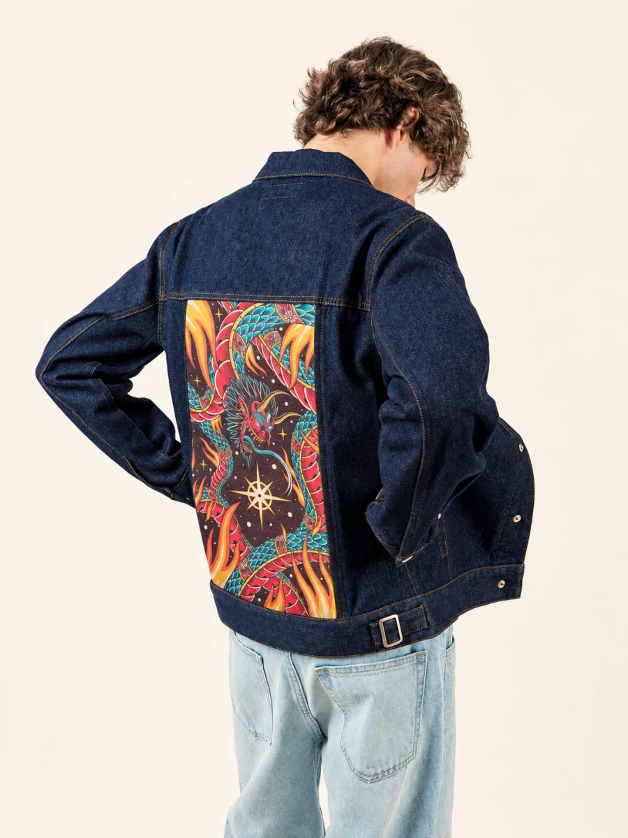 Indigo Denim Jacket with Astral Demon Snake art panel