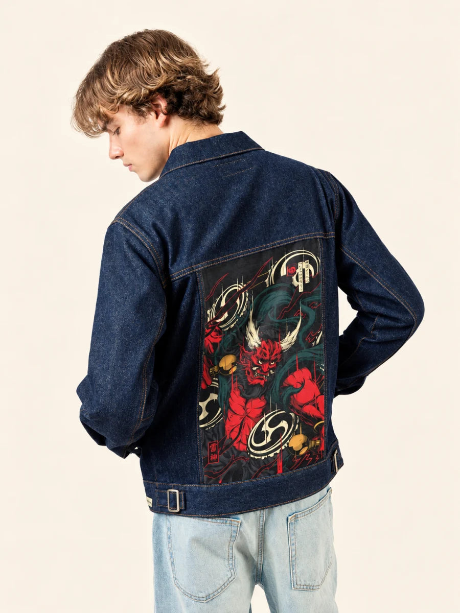 Indigo Denim Jacket with Raijin art panel