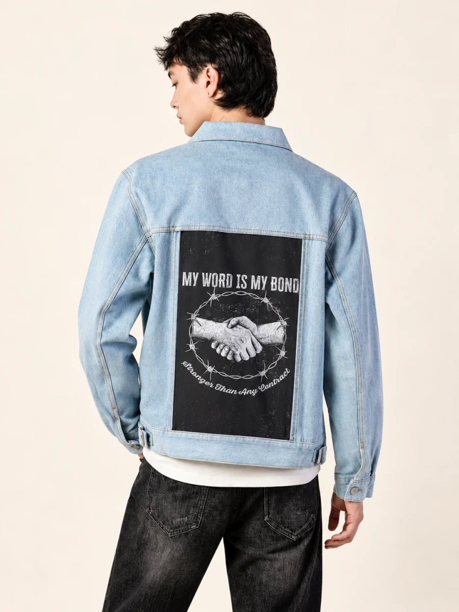 Oceanside Denim Jacket with My Word Is My Bond art panel
