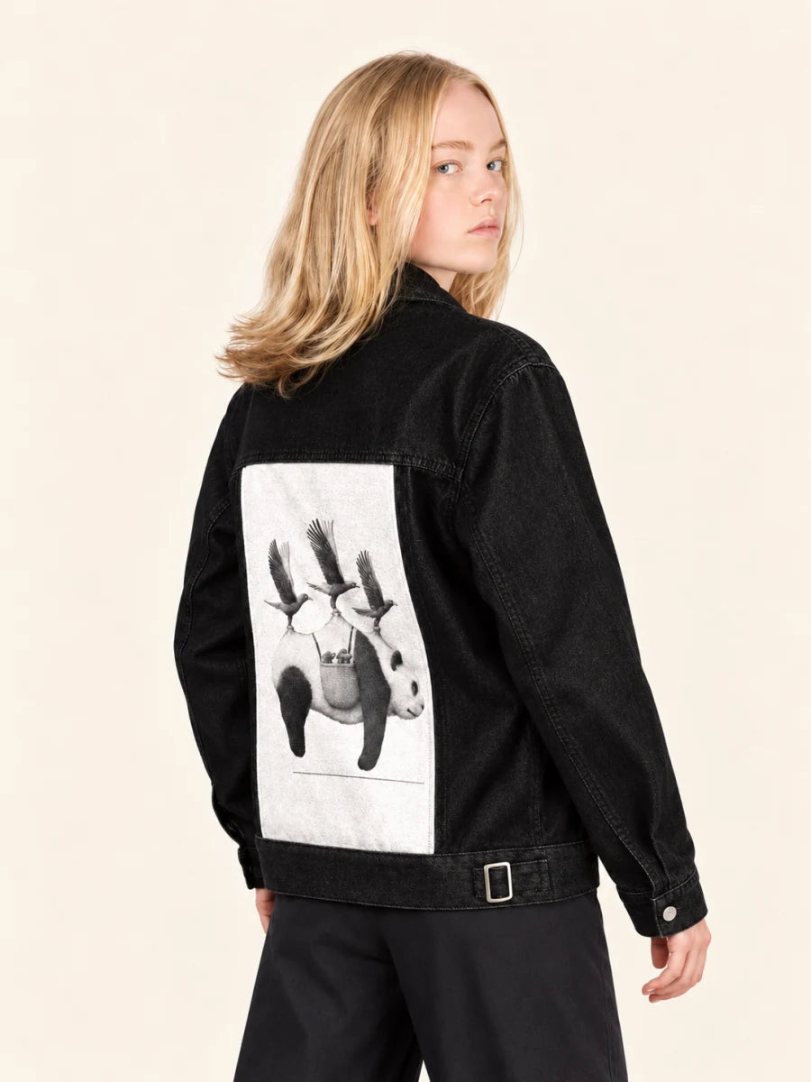 Raven Denim Jacket with Flying Panda art panel