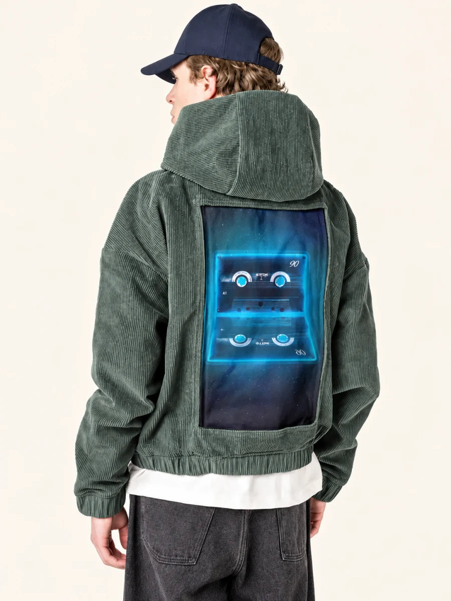 Sage Hoodie with Neon Cassette art panel