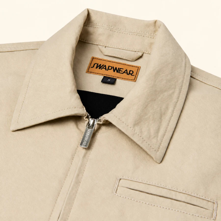 Tan Workwear Jacket: canvas, collar and front zip detail