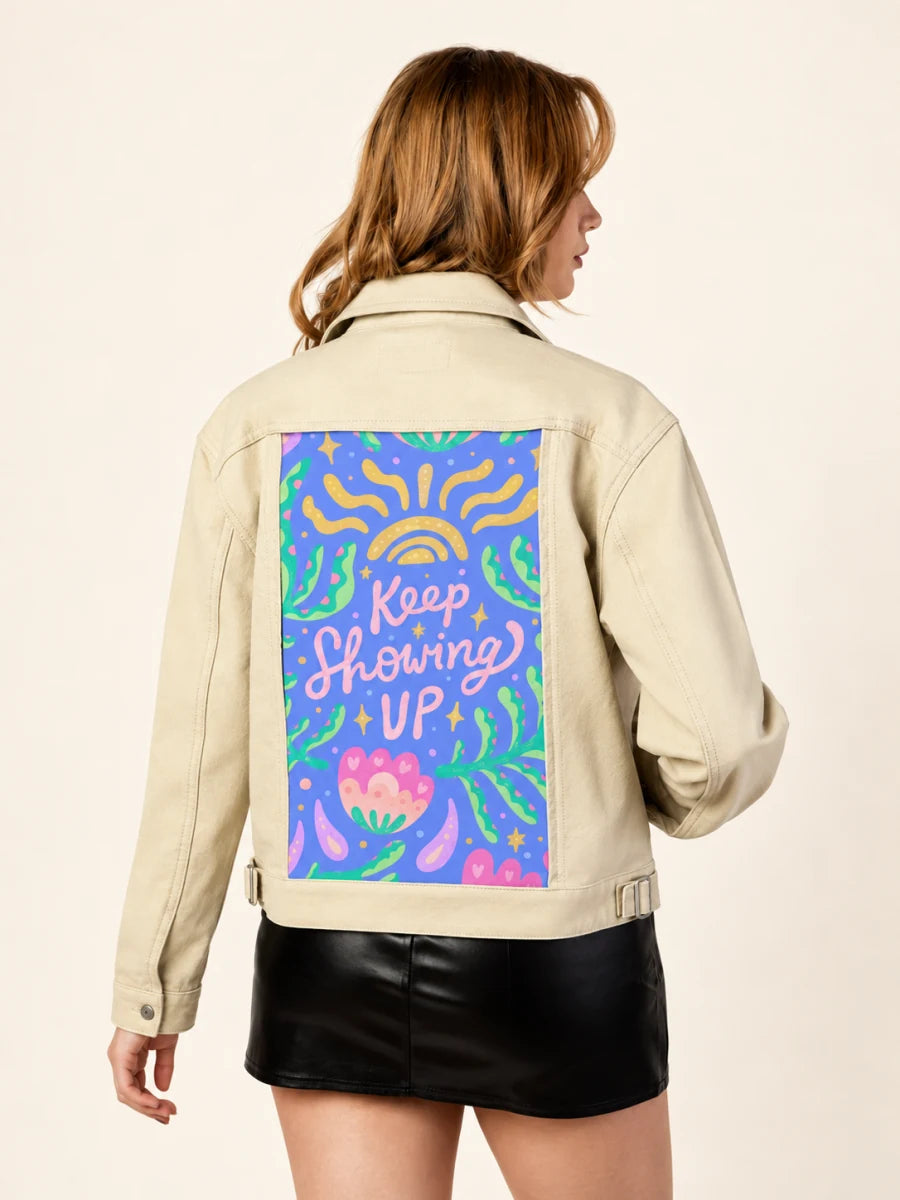 Tan Workwear Jacket with Keep Showing Up art panel