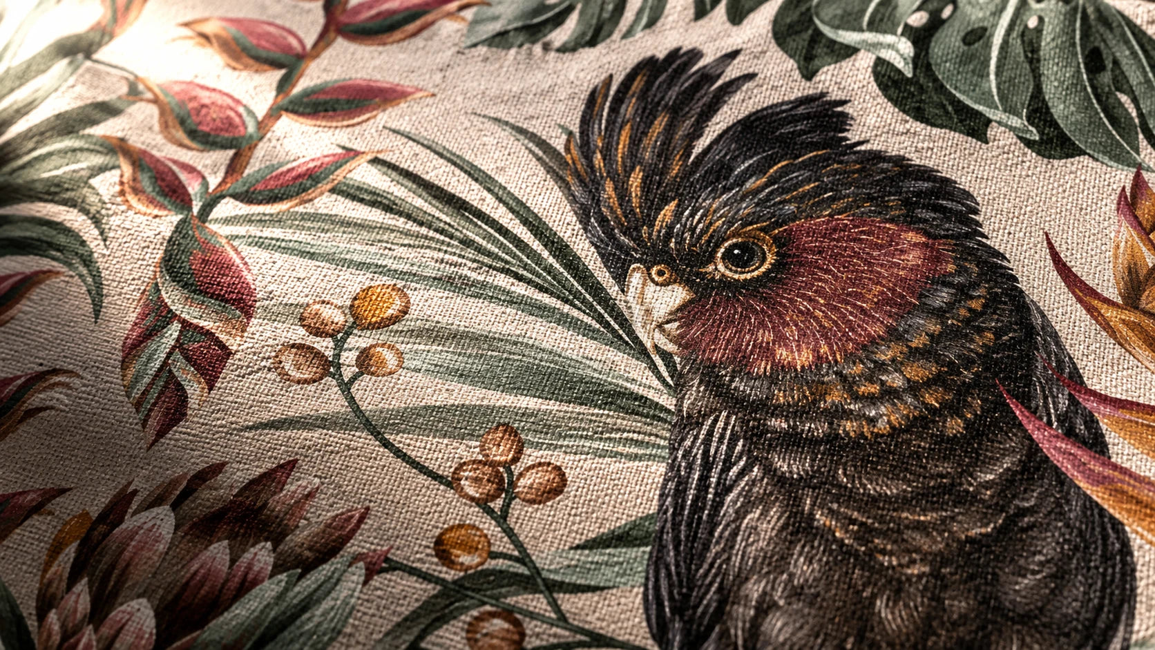 Close-up of the Parrots Paradise artwork printed on textured cotton canvas.